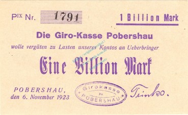 Pobershau , Banknote 1 Billion Mark Schein in unc-kfr. Bühn 6040.98 , Sachsen 1923 Inflation