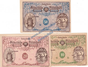 Preinsbach , Notgeld Set mit 3 Scheinen in kfr. K-K 782.a , Niederösterreich o.D.