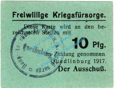 Quedlinburg , Notgeld 10 Pfennig Schein in kfr. Tieste 5835.05.25 , Sachsen Anhalt 1917 Verkehrsausgabe