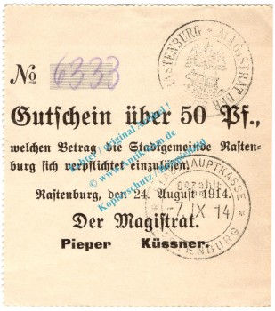 Rastenburg , Notgeld 50 Pfennig Schein in kfr.E Diessner 310.1.e , Ostpreussen 1914 Notgeld 1914-15