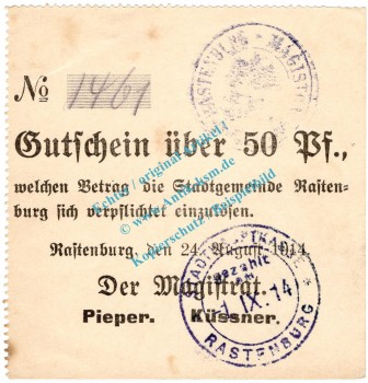 Rastenburg , Notgeld 50 Pfennig Schein in kfr.E Diessner 310.1.g , Ostpreussen 1914 Notgeld 1914-15