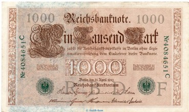 Reichsbanknote , 1.000 Mark Schein grün in gbr. DEU-69.b, Ros.46, P.45, vom 21.04.1910 , Weimarer Republik - Inflation