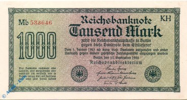 Reichsbanknote , 1.000 Mark Schein , Wz Achterstreifen , DEU-84 j , Rosenberg 75 , P 76 , vom 15.09.1922 , Weimarer Republik