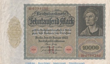 Reichsbanknote , 10.000 Mark Schein in gbr. DEU-76, Ros.68.a, P.70 , vom 19.01.1922 , Wemarer Republik - Inflation