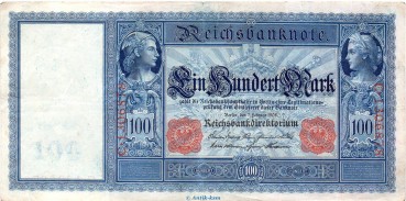 Reichsbanknote , 100 Mark Schein in gbr. DEU-32, Ros.35, P.35 , vom 07.02.1908 , deutsches Kaiserreich