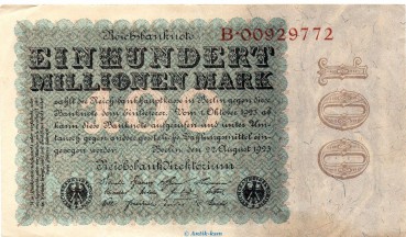 Reichsbanknote , 100 Millionen Mark Schein in gbr. DEU-119.a, Ros.106, P.107 , vom 22.08.1923 , Weimarer Republik - Inflation