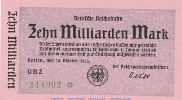 Reichsbanknote , 10 Milliarden Mark Schein in kfr. RVM-11, Ros.--, S.1021 , vom 18.10.1923 , deutsche Reichsbahn - Inflation