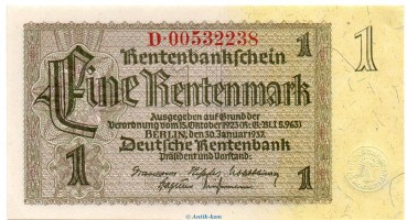 Reichsbanknote , 1 Rentenmark Schein in kfr. DEU-222.c, Ros.166, P.173 vom 30.01.1937 , drittes Reich - Rentenbank