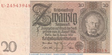 Reichsbanknote , 20 Mark Schein -D 2- in gbr. DEU-184.a, Ros.174, P.81 , vom 22.01.1929 , Weimarer Republik - Reichsbank