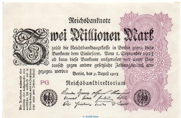 Reichsbanknote , 2 Millionen Mark , Wz Hakensterne , DEU-116 d , Rosenberg 103 , P 104 , vom 09.08.1923 , Inflation