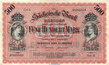 Reichsbanknote , 500 Mark Schein in gbr. SAX-9.a, Ros.747, S.953 vom 02.01.1911 , Kaiserreich - Länderbanknote Sachsen