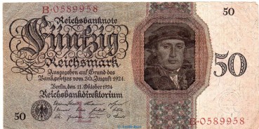 Reichsbanknote , 50 Mark Schein -L- in gbr. DEU-176.a, Ros.170, P.177 vom 11.10.1924 , deutsche Reichsbank