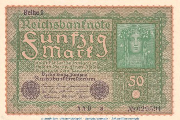 Reichsbanknote , 50 Mark Schein in kfr. DEU-71.a, Ros.62, P.66 , vom 24.06.1919 , Wemarer Republik - Inflation