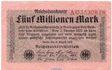 Reichsbanknote , 5 Millionen Mark Schein in gbr. DEU-117.a, Ros.104, P.105 , vom 20.08.1923 , Weimarer Republik - Inflation