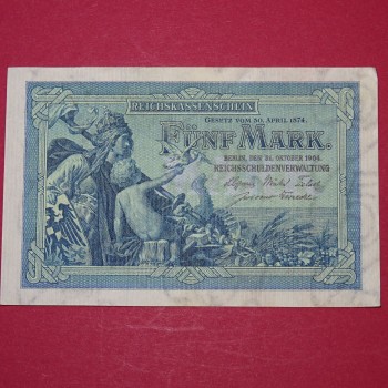 Reichskassenschein über 5 Mark, Reichsmark Banknote vom 31.10.1904 , in guter gebrauchter Erhaltung.