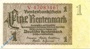 Rentenbanknote , 1 Mark Schein Kn 8-stellig , DEU-222 b , Rosenberg 166 , P 173 , 30.01.1937 , Drittes Reich