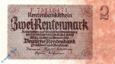 Rentenbanknote , 2 Mark Schein Kn 8 , in kfr. , DEU-223 b , Ros.167 , P.174 , 30.01.1937 , Drittes Reich - Rentenbank