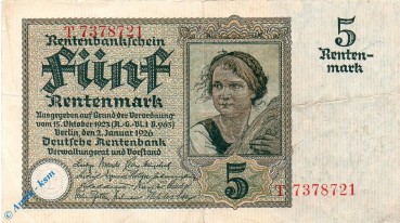 Rentenbankschein , 5 Mark Banknote gbr , 7-stell , DEU-209 a , Rosenberg 164 , P 169 , vom 02.01.1926 , Weimarer Republik