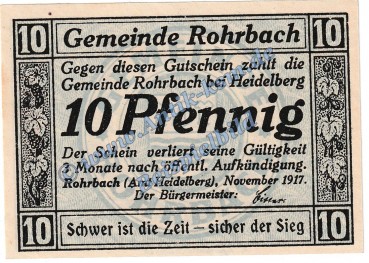 Rohrbach , Notgeld 10 Pfennig Schein in kfr. Tieste 6145.05.01 , Baden 1917 Verkehrsausgabe