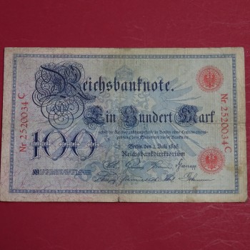 Ros. 17 , Reichsbanknote über 100 Mark Reichsmark , Banknote vom 01.07.1898 , in stärker gebrauchter Erhaltung.