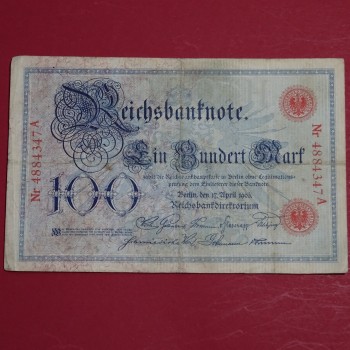 Ros. 20 , Reichsbanknote über 100 Mark Reichsmark , Banknote vom 17.04.1903 , in stärker gebrauchter Erhaltung.