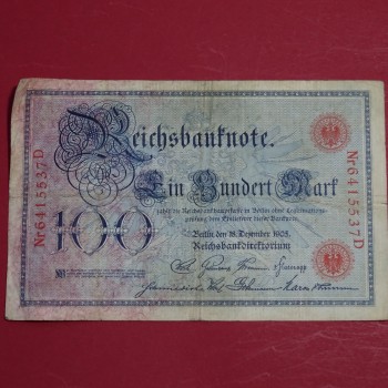 Ros. 23 , Reichsbanknote über 100 Mark Reichsmark , Banknote vom 18.12.1905 , in stärker gebrauchter Erhaltung.