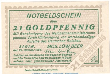 Sagan , 21 Pfennig Gold Notgeld Schein in kfr. Müller 4260.1 von 1923 , Schlesien Wertbeständig