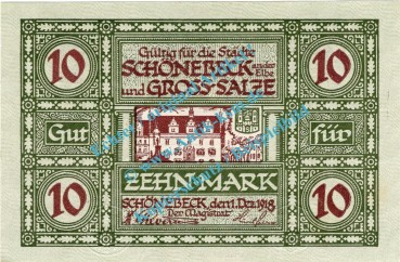 Schönebeck , Notgeld 10 Mark Schein in kfr.E , Geiger 481.02 , Sachsen Anhalt 1918 Großnotgeld