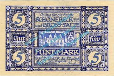 Schönebeck , Notgeld 5 Mark Schein in kfr.E , Geiger 481.01.a , Sachsen Anhalt 1918 Großnotgeld