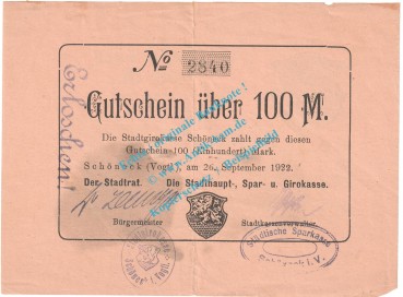 Schöneck , Notgeld 100 Mark Schein in gbr. Müller 44120.4 , Sachsen 1922 Grossnotgeld InflationSchöneck , Notgeld 100 Mark Schein in gbr. Müller 44120.4 , Sachsen 1922 Grossnotgeld Inflation