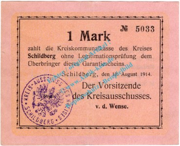 Schildberg , Notgeld 1 Mark Schein in gbr. Diessner 355.2.a , Posen 1914 Notgeld 1914-15