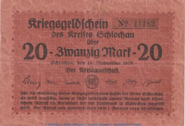 Schlochau , 20 Mark Notgeld Schein in gbr. Geiger 475.03.b von 1918 , Westpreussen Grossnotgeld