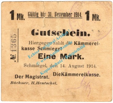 Schmiegel , Notgeld 1 Mark Schein in gbr. Diessner 357.2.b , Oberschlesien 1914 Notgeld 1914-15