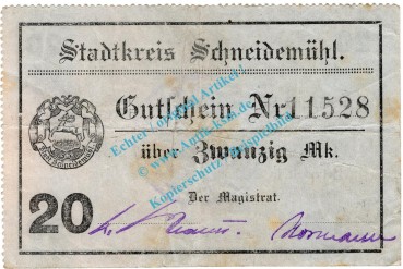 Schneidemühl , Notgeld 20 Mark Schein in gbr. Geiger 480.2 , Posen o.D. Grossnotgeld 1918Schneidemühl , Notgeld 20 Mark Schein in gbr. Geiger 480.2 , Posen o.D. Grossnotgeld 1918