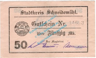 Schneidemühl , Notgeld 50 Mark Schein in L-gbr. Geiger 480.3 , Posen o.D. Grossnotgeld 1918Schneidemühl , Notgeld 50 Mark Schein in L-gbr. Geiger 480.3 , Posen o.D. Grossnotgeld 1918