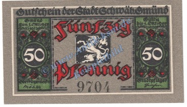 Schwäbisch Gmünd , Notgeld 50 Pfennig Schein in kfr. Tieste 6725.05.10 , Württemberg 1918 Verkehrsausgabe