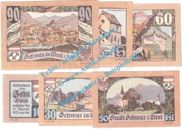 Schwaz i.T. Notgeld Set mit 6 Scheinen in kfr. K-K 983... Tirol o.D.