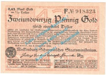 Schwerin , 42 Pfennig Gold Notgeld Schein in kfr. Müller 4620.5 , Mecklenburg 1923 Wertbeständig