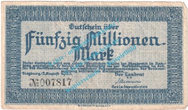 Siegburg , Notgeld 50 Millionen Mark Schein in gbr. Keller 4777.d , Rheinland 1923 Grossnotgeld Inflation