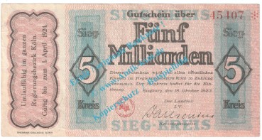 Siegburg , Notgeld 5 Milliarden Mark Schein in gbr. Keller 4777.g , Rheinland 1923 Grossnotgeld Inflation