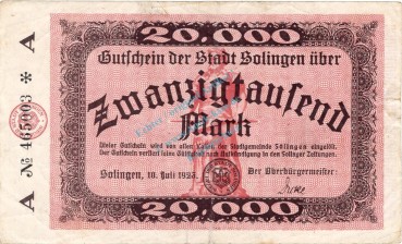 Solingen , Banknote 20.000 Mark Schein in gbr Keller 4809.a , Rheinland 1923 Inflation