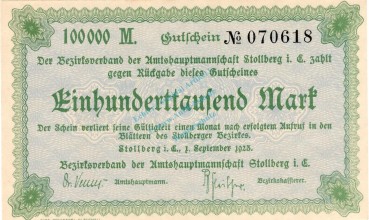 Stollberg , Banknote 100.000 Mark Schein unc-kfr. Bühn 6840.30.a , Sachsen 1923 Inflation