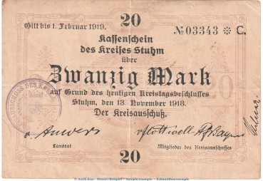 Stuhm , 20 Mark Notgeld Schein in gbr.E , Geiger 514.03 von 1918 , Westpreussen Grossnotgeld