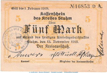 Stuhm , 5 Mark Notgeld Schein in f-kfr.E , Geiger 514.01 von 1918 , Westpreussen Grossnotgeld