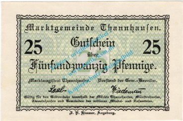 Thannhausen , Notgeld 25 Pfennig Schein in kfr. Tieste 7335.05.02 , Bayern o.D. Verkehrsausgabe