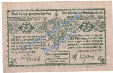 Tichau M-G 1322.1.a , Notgeld 25 Pfennig Schein in kfr. von 1921 , Oberschlesien Seriennotgeld