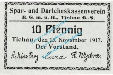 Tichau , Notgeld 10 Pfennig Schein in kfr. Tieste 7350.05.25 , Oberschlesien 1917 Verkehrsausgabe