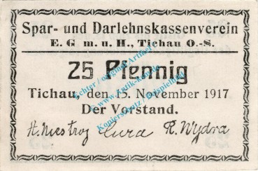 Tichau , Notgeld 25 Pfennig Schein in kfr. Tieste 7350.05.26 , Oberschlesien 1917 Verkehrsausgabe