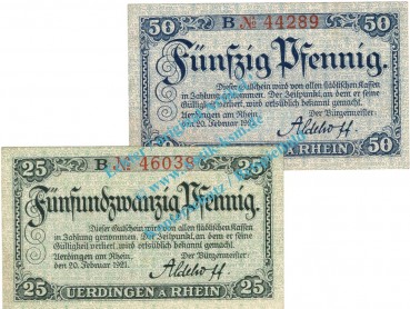 Uerdingen , Notgeld Set mit 2 Scheinen -B- in unc. Tieste 7510.05.15-16 , Rheinland 1921 Verkehrsausgabe