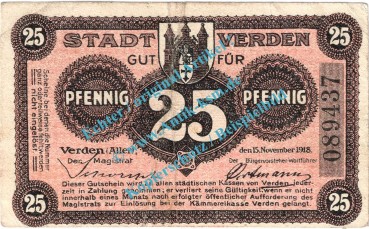 Verden , Notgeld 25 Pfennig Schein in gbr. Tieste 7590.05.05 , Niedersachsen 1918 Verkehrsausgabe